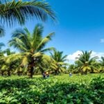 Palm oil plantation in Indonesia with workers harvesting fruit.