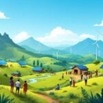 Renewable energy scene in South Africa with solar panels and wind turbines.