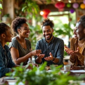 Diverse group collaborating in a vibrant community setting.