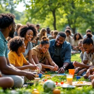 Community members collaborating in a park for engagement activities.