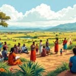 Diverse people collaborating in a lively African landscape.