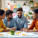 Group of entrepreneurs collaborating in a colorful workspace.