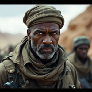 Militia chief with armed guards in a rugged landscape.