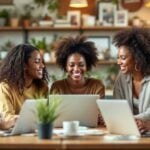 Women collaborating in a modern workspace with laptops.