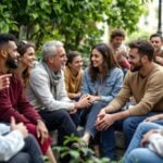 Diverse individuals in a community discussion outdoors.