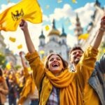 Moldovan citizens celebrate with flags in the streets.