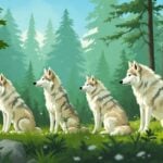 Wolves in a forest, emphasizing their natural habitat.