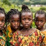 Young Tanzanian girls standing in a rural landscape.