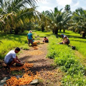 Palm oil plantation with workers harvesting fruit in Indonesia.