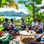 Honiara officials discussing carbon trading policy outdoors.