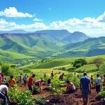 People planting trees in a green South African landscape.