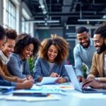 Diverse professionals collaborating in a modern office setting.