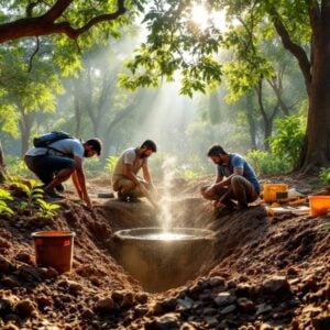 Workers digging percolation pits in a green park.