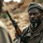 Militia chief with armed guards in a rugged Darfur landscape.