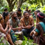 Indigenous community members gathered in discussion outdoors.