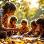 Educator with tribal children in a natural learning environment.