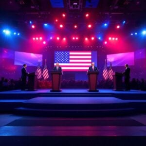 Debate stage with podiums and engaged audience.