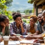 Diverse group collaborating in a community setting.