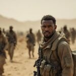 Journalist facing militia in a war-torn Darfur landscape.
