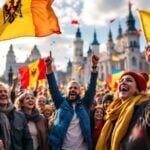 Moldovan citizens celebrate with flags and joyful expressions.