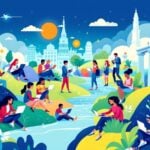 People collaborating with technology in a vibrant digital landscape.