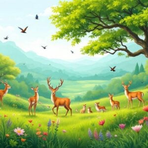Diverse wildlife thriving in a lush green habitat.