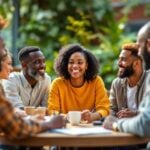 Diverse group collaborating in a community meeting outdoors.