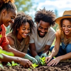Diverse group planting seeds in a community garden.
