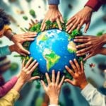 People collaborating around a globe for global challenges.