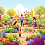 Community garden with diverse plants and people collaborating.