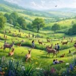 Wildlife and people coexisting in a vibrant green landscape.