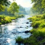 Lush river landscape with diverse wildlife and greenery.