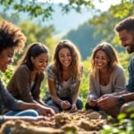 Group of people working together in a green landscape.