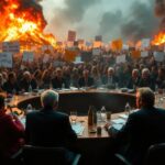 Protesters gather outside a political meeting on climate issues.