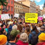 Crowd of protesters in an urban environment.
