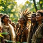 Indigenous people united in a forest, advocating for rights.