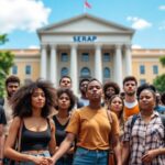 Activists united in front of a government building.