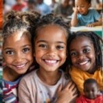 Diverse children in classrooms and healthcare settings, smiling.
