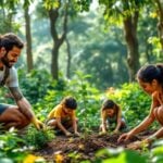 Group of environmental defenders planting trees in a forest.