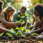 Group planting trees for climate action in a green space.
