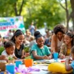 Diverse community members collaborating in a vibrant park setting.