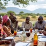 Diverse community members engaged in discussion outdoors in Namibia.