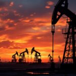 Oil rigs at sunset illustrating industry and environment conflict.