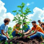 Activists planting trees in a green park.