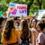 Activists rallying for climate action in a green park.