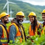 Diverse workers in hard hats in a green landscape.