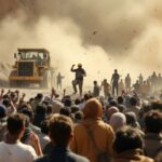 Protests at a critical mineral mine with heavy machinery.
