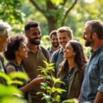 Diverse group discussing climate change in a green setting.