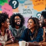Diverse group discussing social justice at a conference.