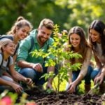 Youth planting trees in a vibrant green park.